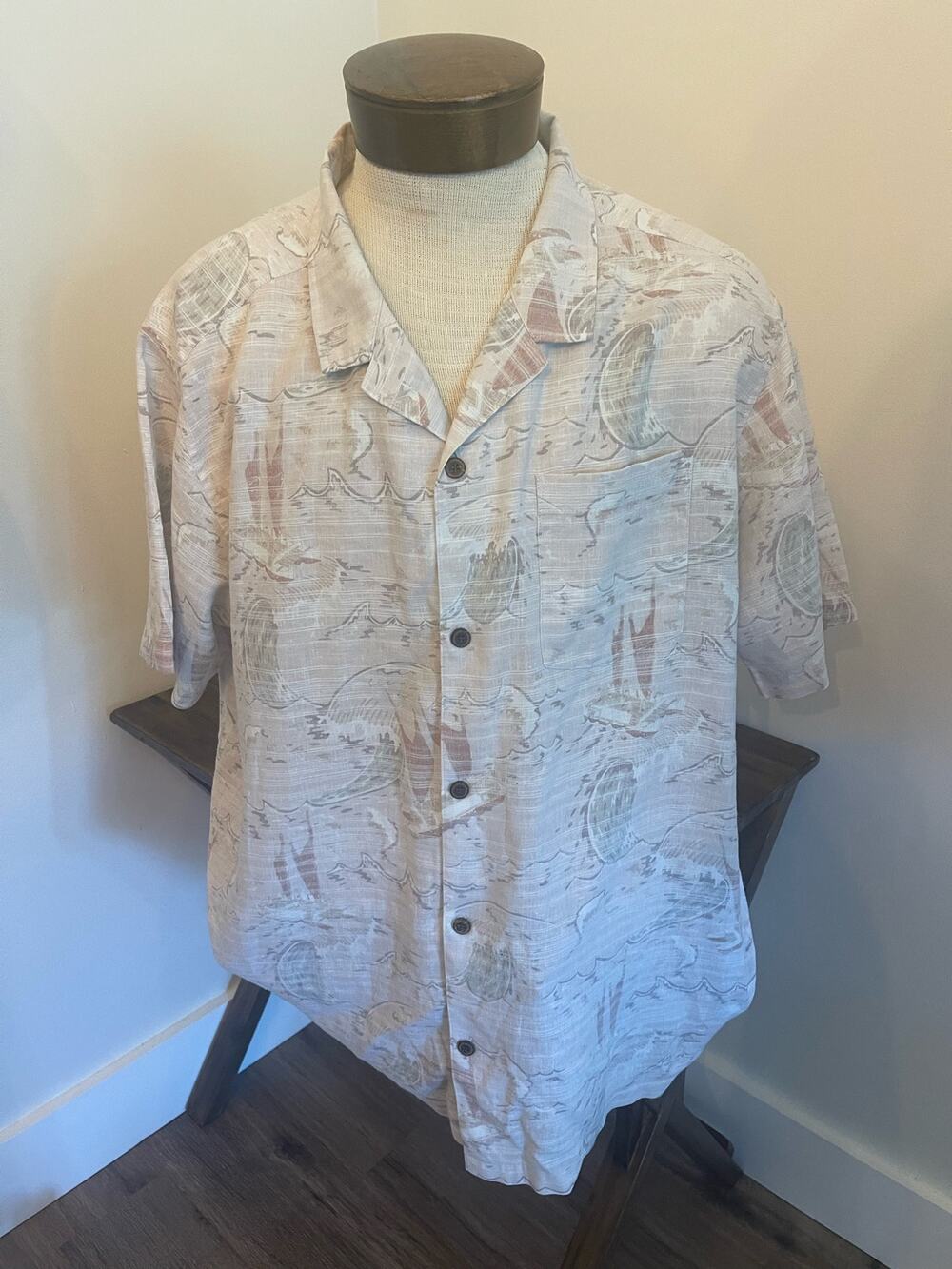 Patagonia Pataloha Hawaiian Button Down Size XXL Waves Boats Nautical Ocean